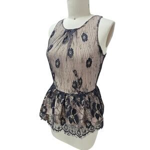 Sugar Lips Black Nude Lace Peplum Top Sz L
